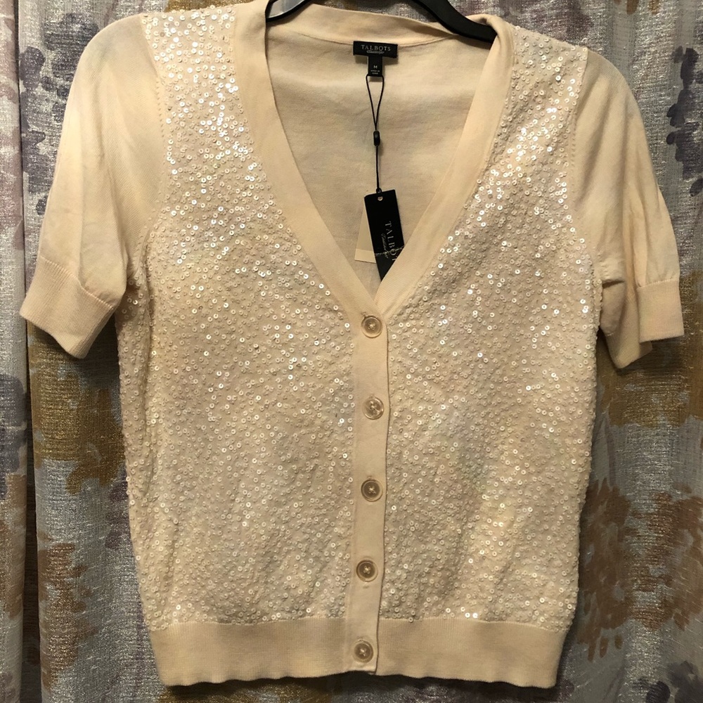 Talbots Cream Sequin Short-Sleeve Cardigan